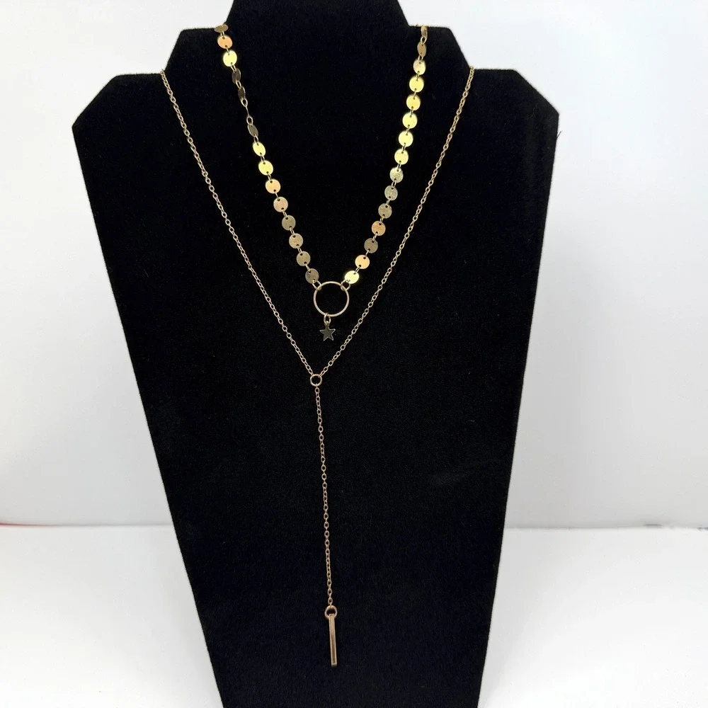 Layered Pendant Charm Necklace Y2K Gold Tone Dainty Fashion Jewelry 13 in L